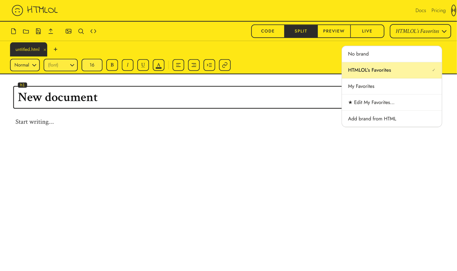 The brand selector open in the toolbar with HTMLOL's Favorites chosen, and matching colour swatches in the Element panel.