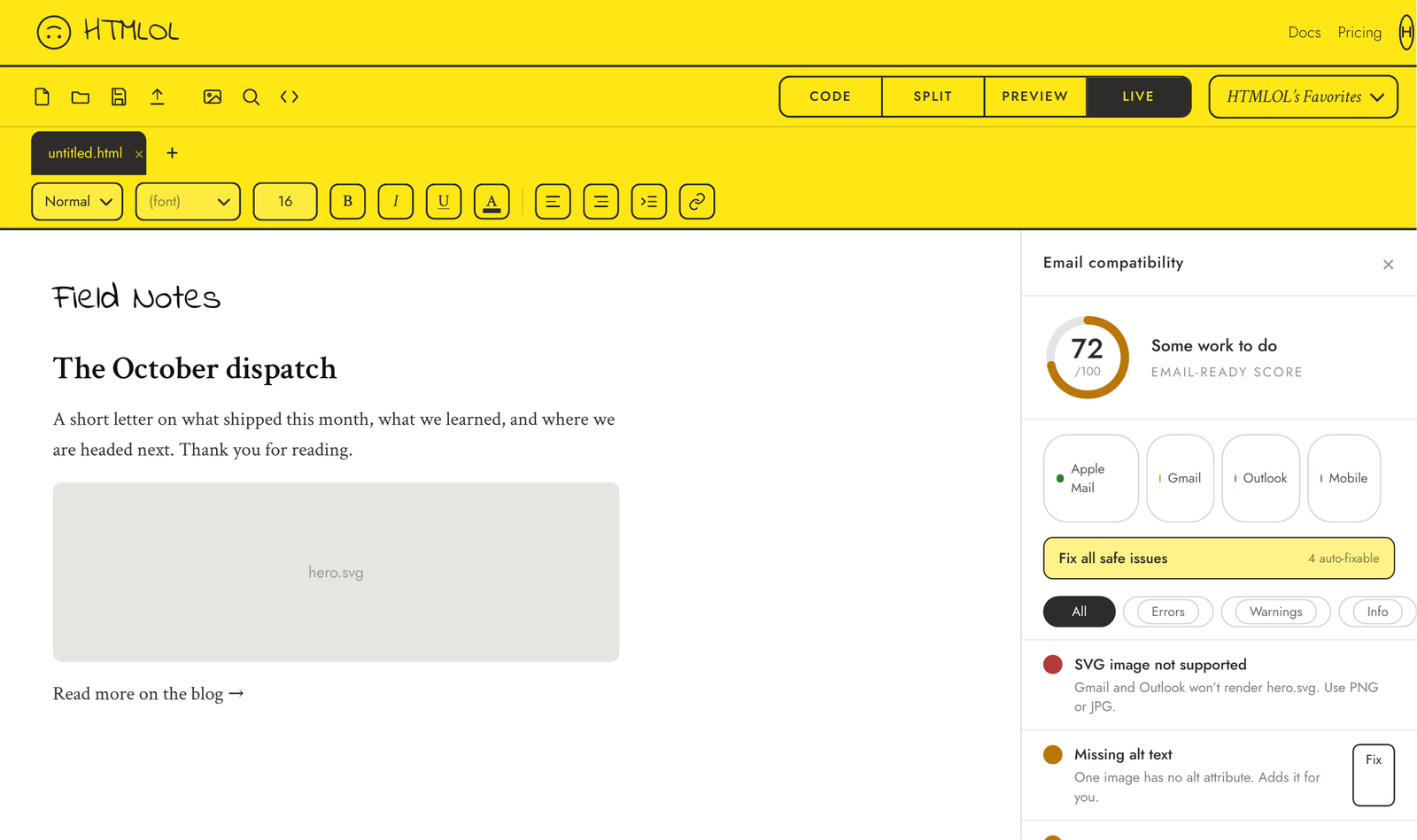 The Email compatibility report panel showing an email-ready score of 72, a per-client breakdown, and a list of issues with Fix buttons.