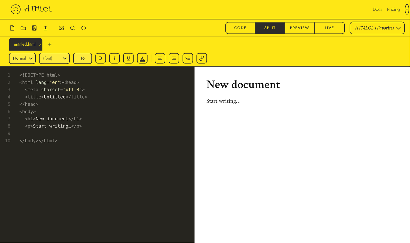 The HTMLOL editor in Split view, HTML source on the left and a live rendered preview on the right.