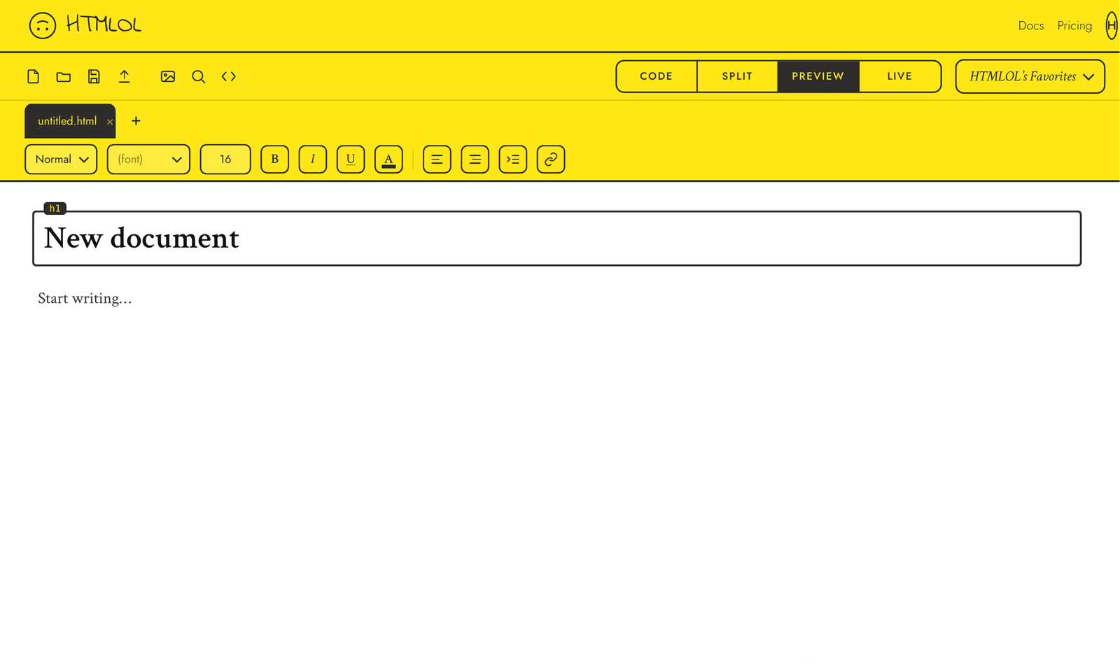 The Element panel open beside the preview, showing type, size, weight and colour controls for a selected heading.