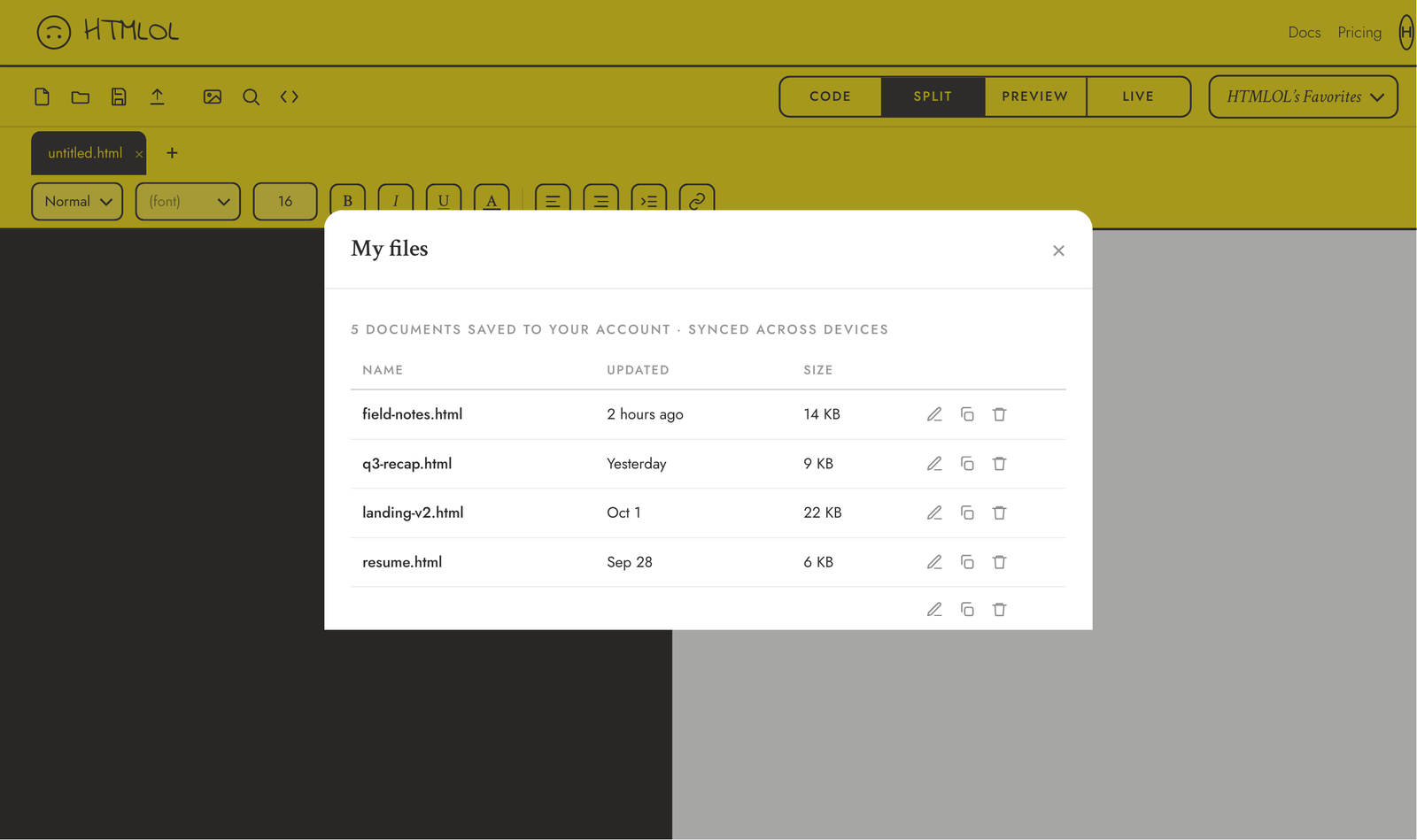 The My files dialog listing cloud-saved documents with their last-updated time and size, plus rename, duplicate and delete actions.