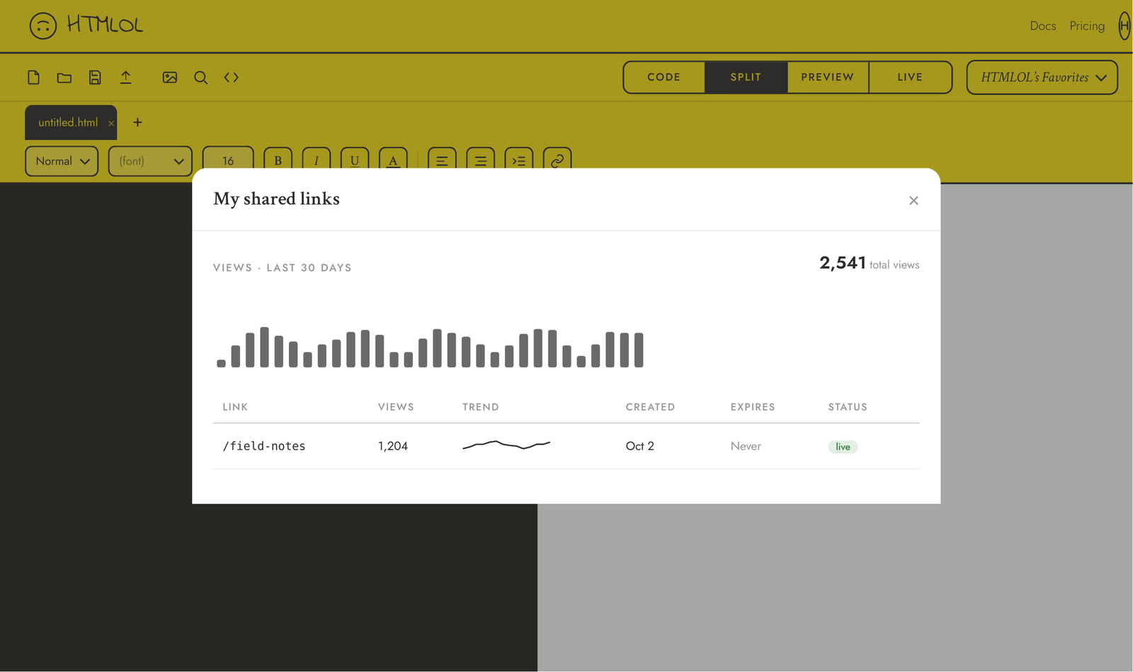 The My shared links dialog with a 30-day views chart and a table of links showing views, trend, created and expiry dates, and status.