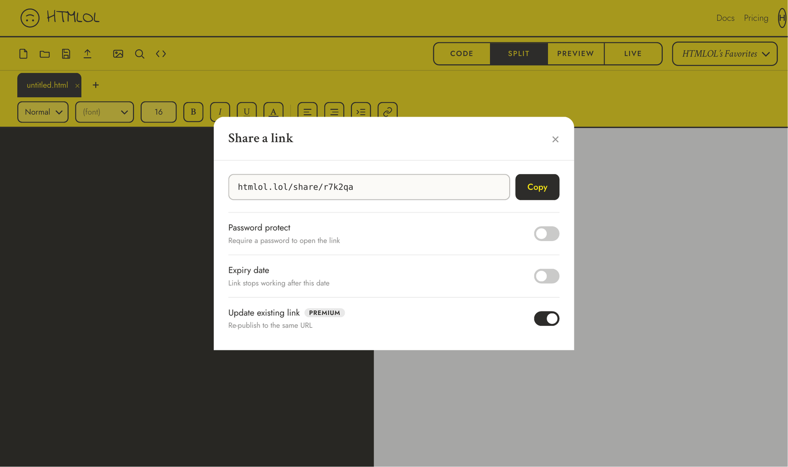 The Share a link dialog showing the published URL with a Copy button and toggles for password and expiry.
