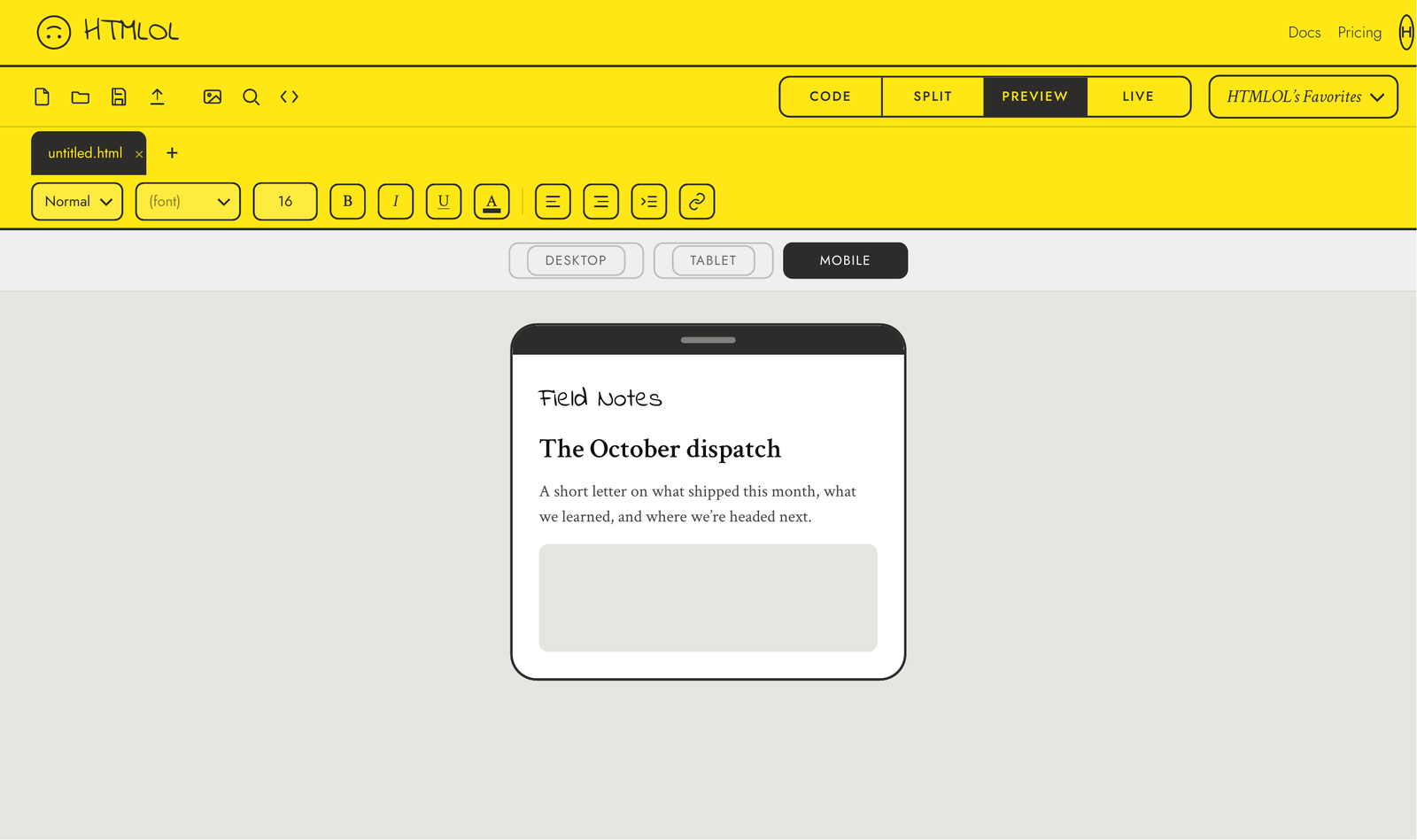 The preview shown inside a phone frame, with Desktop, Tablet and Mobile width toggles above it.